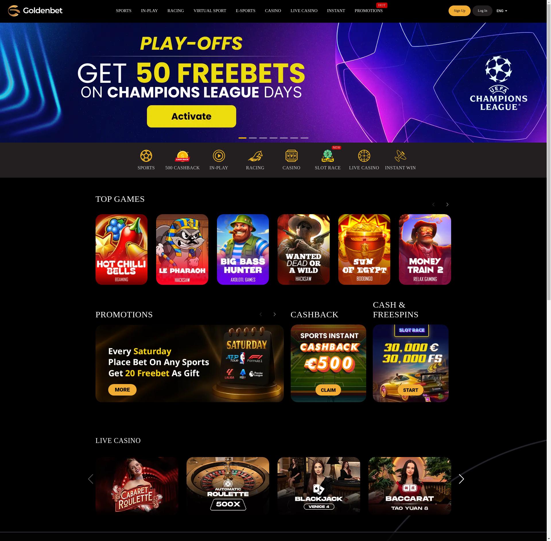 Goldenbet casino startsida med top games