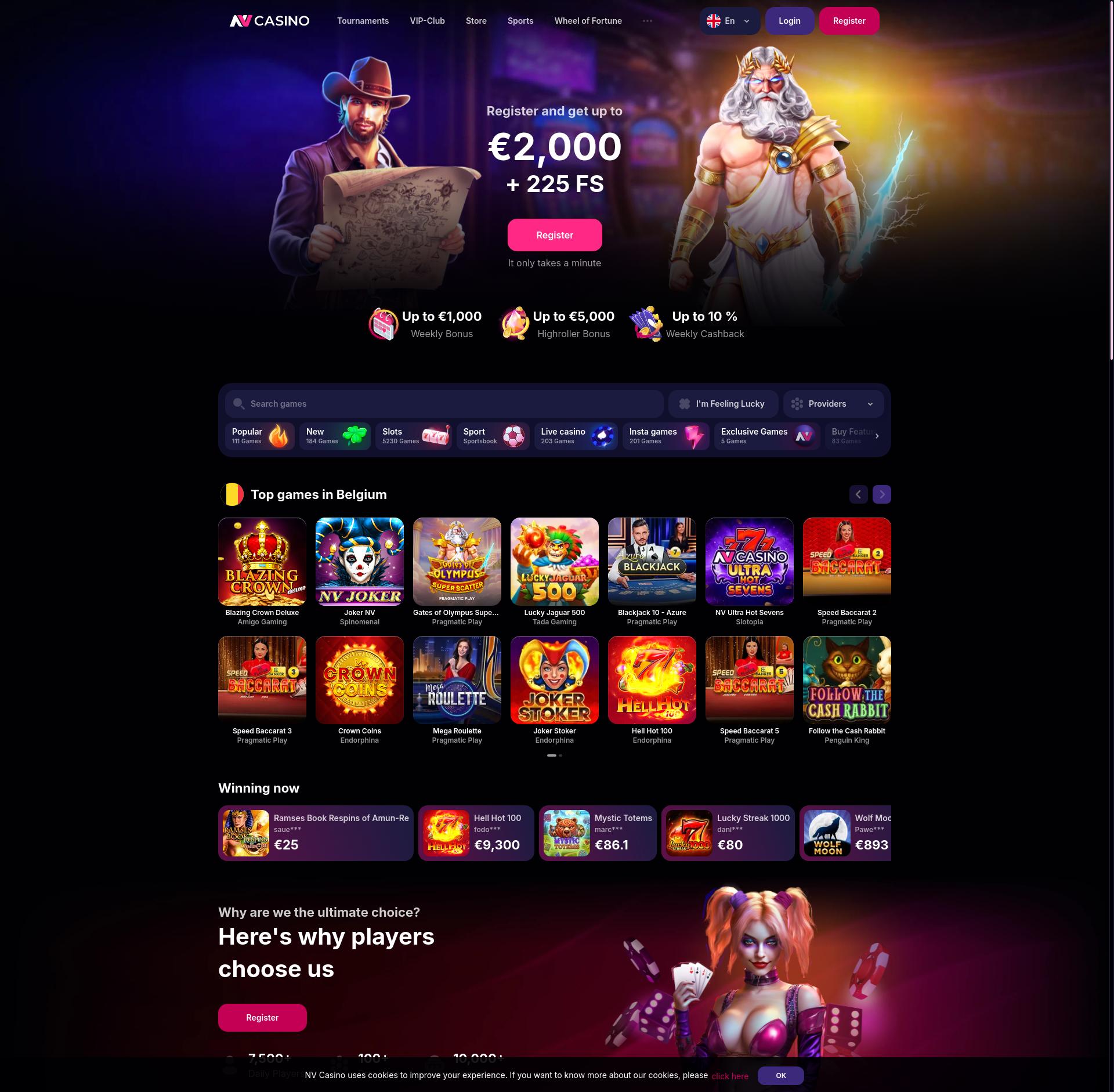 NV Casino startsida med spel och bonusar