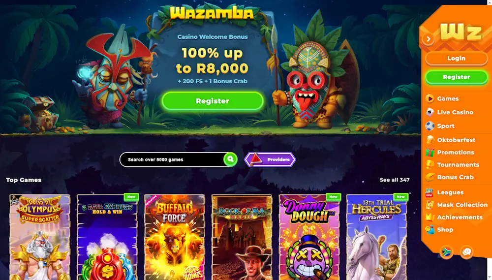 Wazamba casino lobby med slots